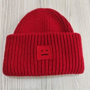 Acne Studios Face Series Red Ribbed Knit Beanie